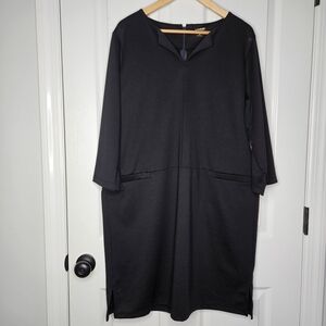 Lands End Womens Petite Ponte Shift Dress 16P 3/4 Sleeve Split Neck Black
